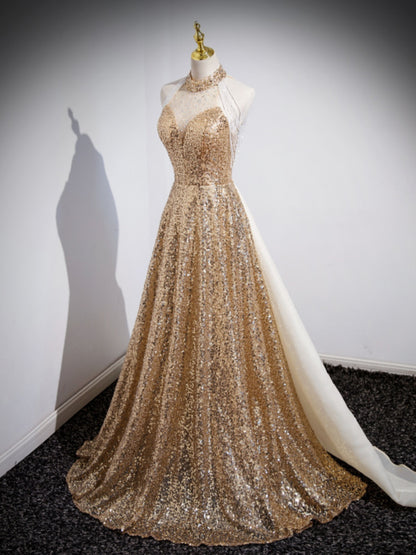 Golden Sequin Glitter Showstopper Evening Dress