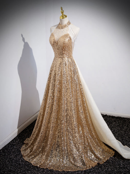 Golden Sequin Glitter Showstopper Evening Dress