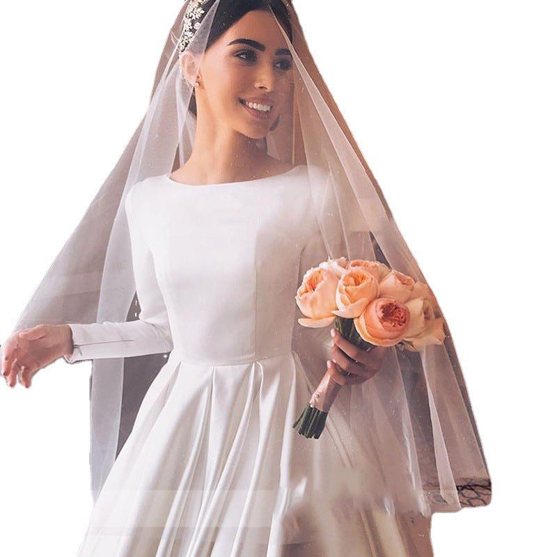 Royal Satin Long Sleeve A-Line Wedding Dress with Boat Neckline.