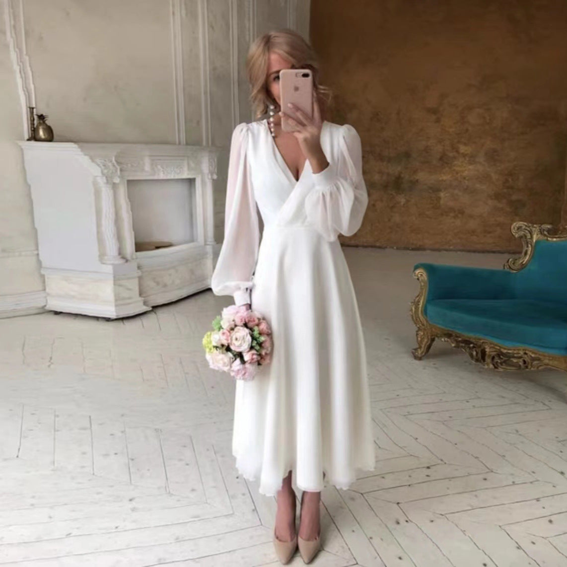 Wedding Long Sleeve Super  Simple White Evening Dress