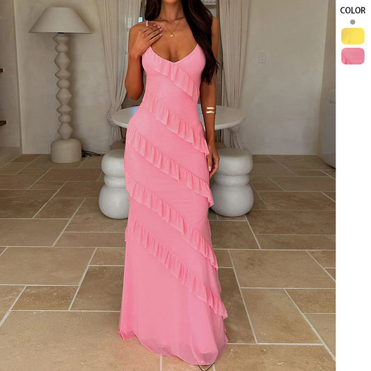 Pink or Yellow V-Neck Maxi Dress with Diagonal Ruffle Tiers