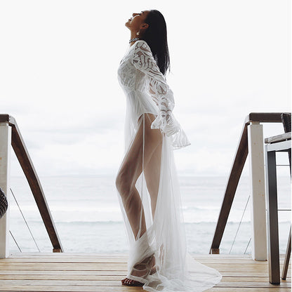 Boho Long Sleeve Lace Beach Cover-Up – Sheer Mesh Maxi Dress