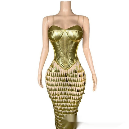 Golden Bright Surface Bandage Design Tight Waist Slimming Mermaid Formal Dress