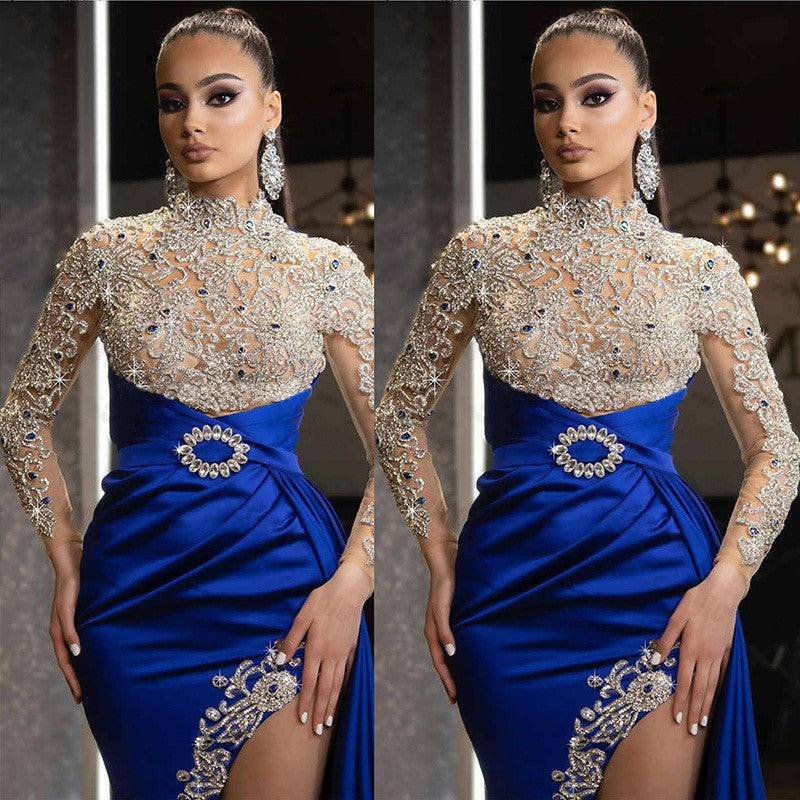 Unique and beautiful blue long dress with slit formal wear