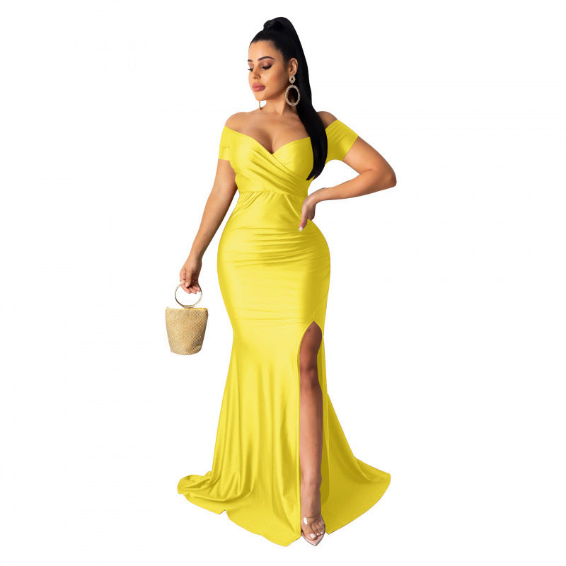 Nightclub V-neck Formal Dress In Solid Color With A High Slit And Short Sleeves