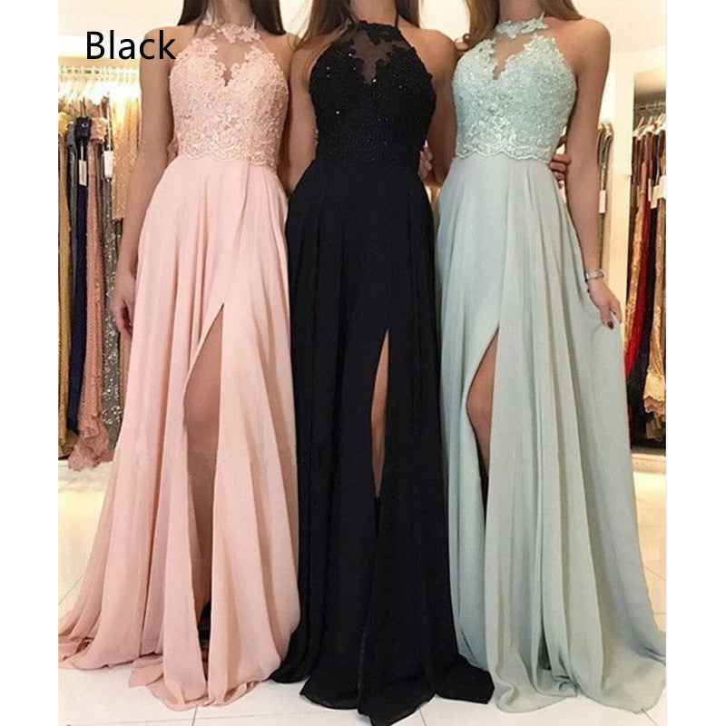 Halter Lace Chiffon Evening Split Long Skirt Formal Bridesmaid