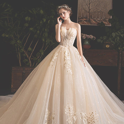 Champagne Mori Girl Tulle Ball Gown - Strapless Floral Wedding Dress.