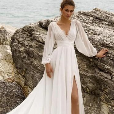 Boho Chiffon A-Line Wedding Dress with Long Bishop Sleeves & High Slit.