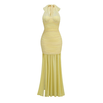 Pure Color Halter Mesh Stitching Dress Slit Dress