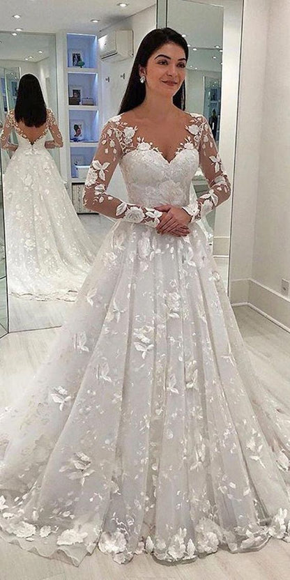 Lace Deep V Long Sleeve Wedding Dress
