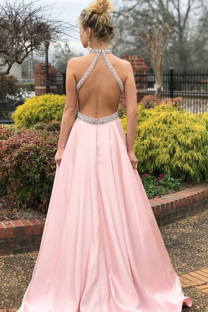 Pink Sleeveless Halter Diamond Beautiful Backless Formal Dress