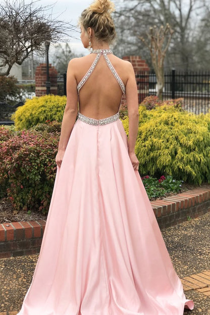 Pink Sleeveless Halter Diamond Beautiful Backless Formal Dress