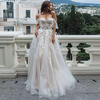 Luxury Off-the-Shoulder Satin Wedding Dress with Pockets & Back Bow.