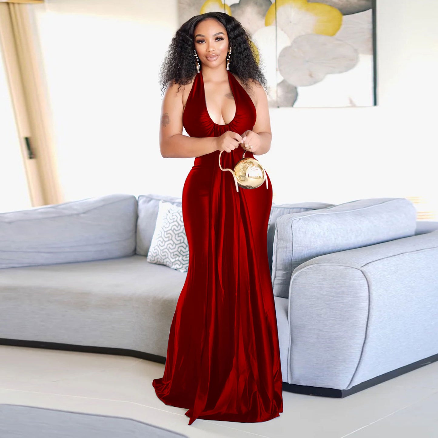 U-neck Halter Formal Dress Solid-color One-piece Dress