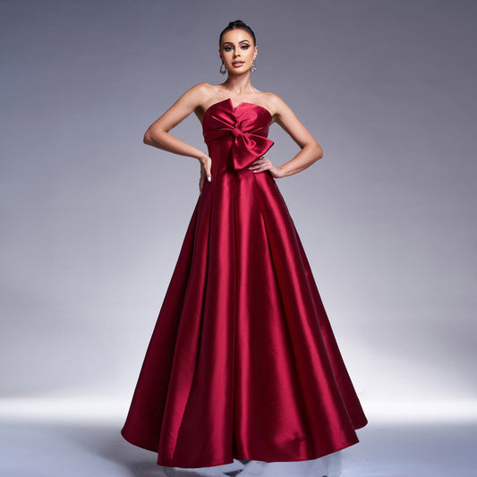 Elegant Long Formal Red Dress With Bow