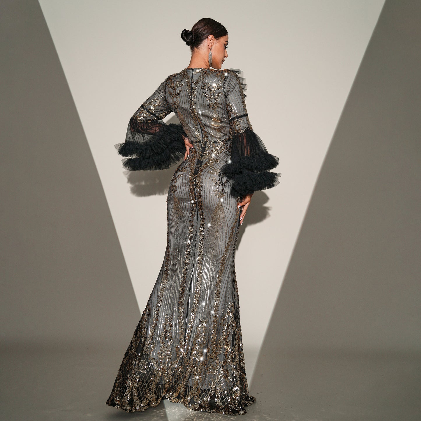High-end Temperament Round-neck Long Sequined Banquet Fishtail Evening Statement Dress Plus Size Availabke