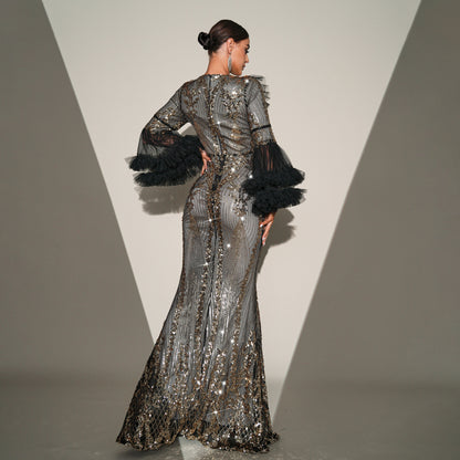 High-end Temperament Round-neck Long Sequined Banquet Fishtail Evening Statement Dress Plus Size Availabke