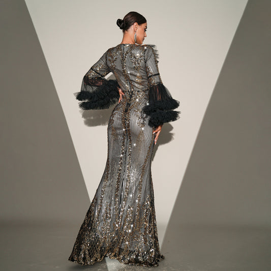 High-end Temperament Round-neck Long Sequined Banquet Fishtail Evening Statement Dress Plus Size Availabke