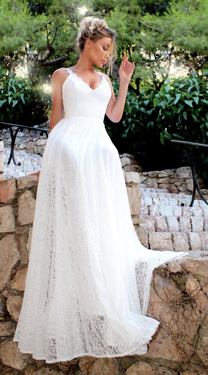 Boho Lace V-Neck Wedding Dress | Backless Beach Bridal Gown with Train.