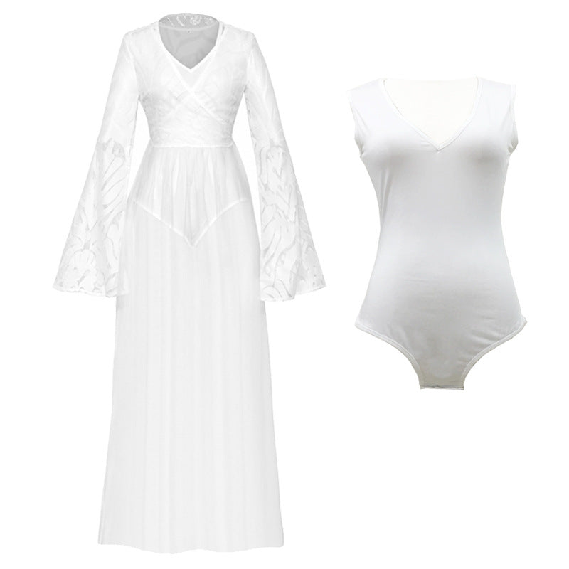 Boho Long Sleeve Lace Beach Cover-Up – Sheer Mesh Maxi Dress