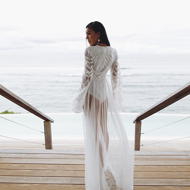 Boho Long Sleeve Lace Beach Cover-Up – Sheer Mesh Maxi Dress