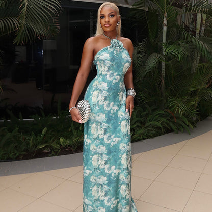 Elegant Backless Halter Neck Blue And White Abstract Dress