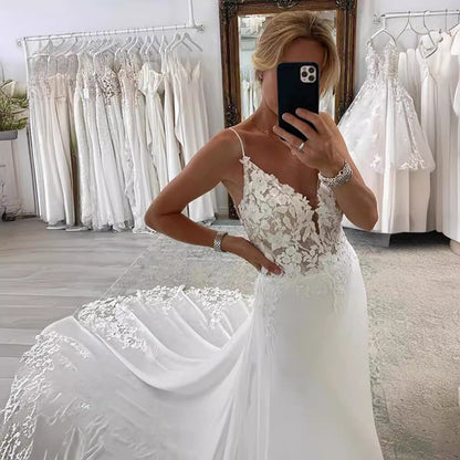 Strap Fishtail Bridal Slim Satin Lace Wedding Dress