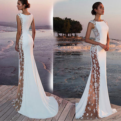 Sleeveless Mermaid Wedding Dress - Illusory Lace Side Cutout Bridal Gown