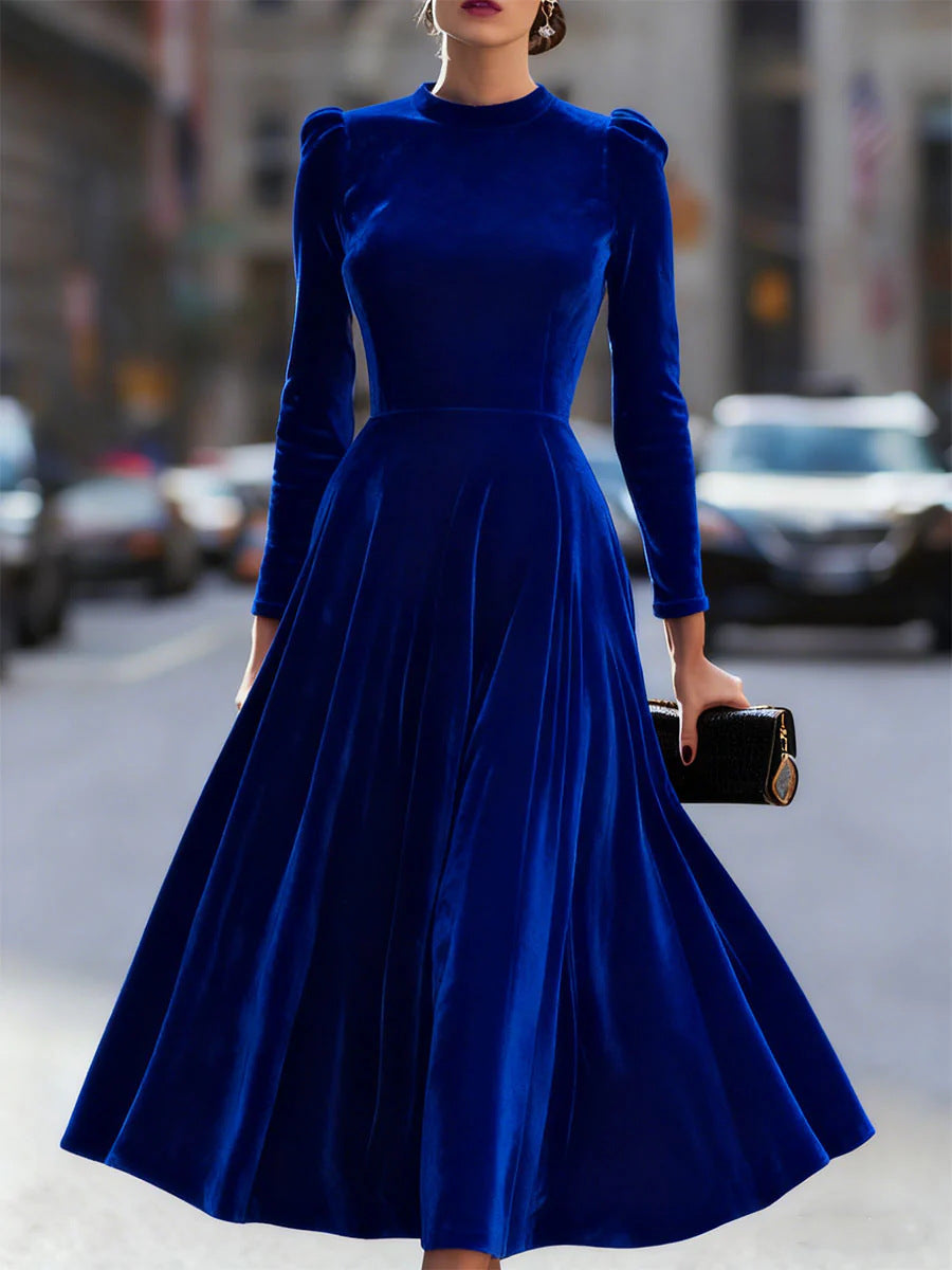 Womens Solid-Colored Casual Velvet Crew-Neck Long-Sleeve Dress