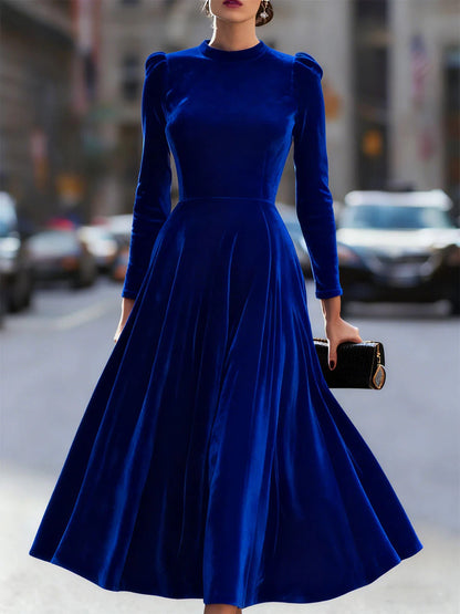 Womens Solid-Colored Casual Velvet Crew-Neck Long-Sleeve Dress