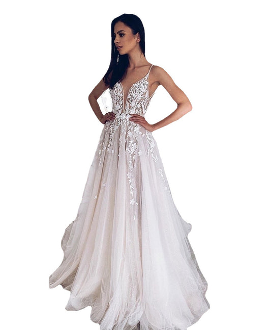 Romantic 3D Floral Lace A-Line Wedding Dress with Plunging V-Neck.