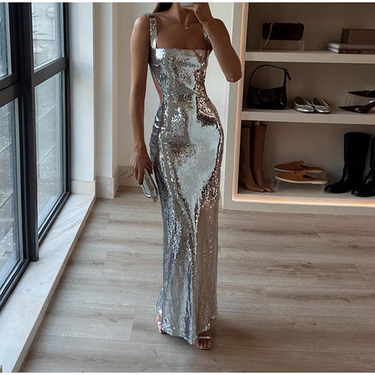 Sequin Backless Maxi Dress - Formal Evening Gown