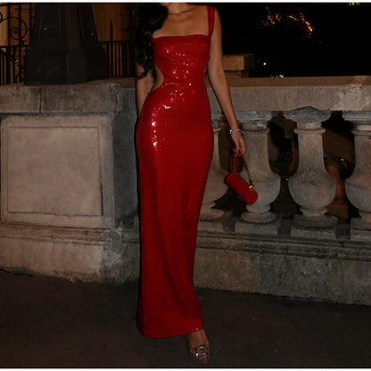 Sequin Sling Square Collar Backless Dress