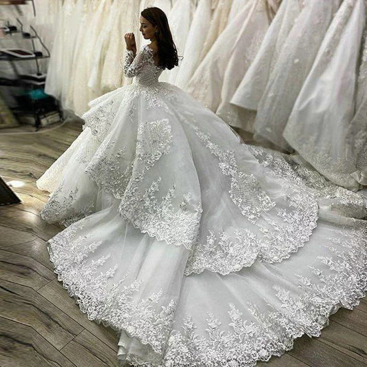 Royal Off-the-Shoulder Lace Ball Gown - Dramatic Layered Cathedral Train Wedding Dress.