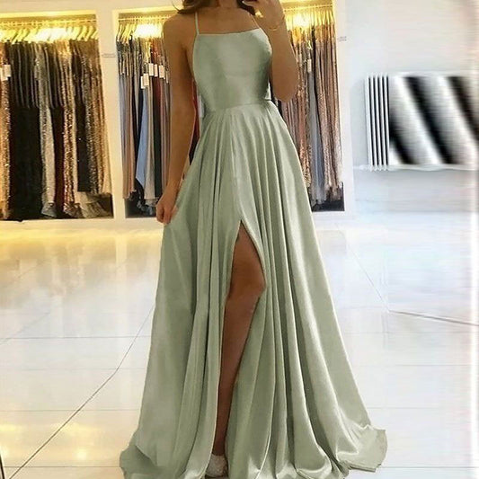 Liquid Satin Spaghetti Strap Gown - High-Slit Prom Dress