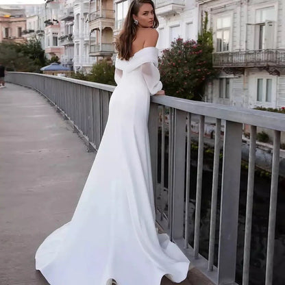 Off-the-Shoulder Satin Mermaid Wedding Dress with Chiffon Bishop Sleeves.