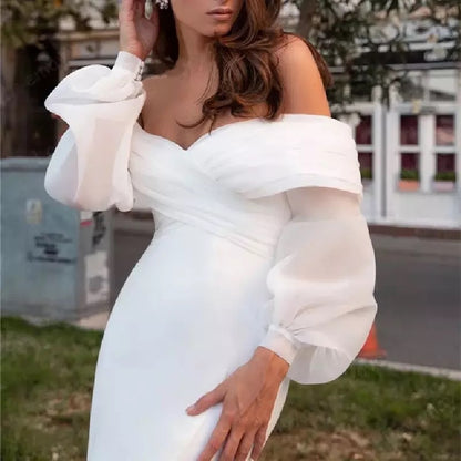 Off-the-Shoulder Satin Mermaid Wedding Dress with Chiffon Bishop Sleeves.