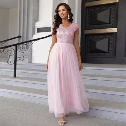 Women's Contrast Color Sequined Mesh Cloth Cover Formal Dress