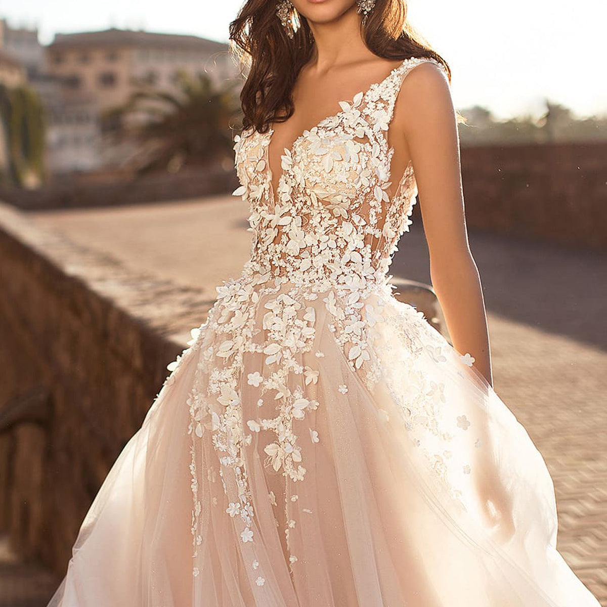 Embroidered Lace A-Line Wedding Dress with Deep V-Neck.