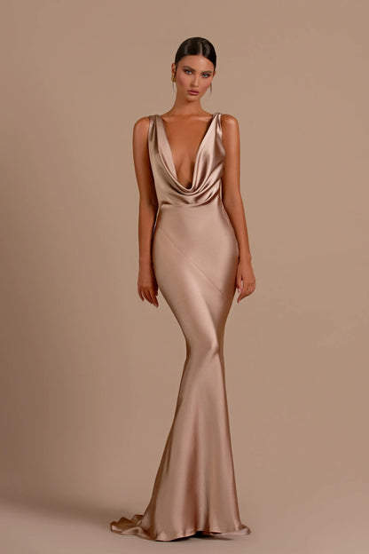 Mermaid Formal Dress For Special Occassion Deep V Neck Satin Prom Dress Long Formal Evening Gowns For Women