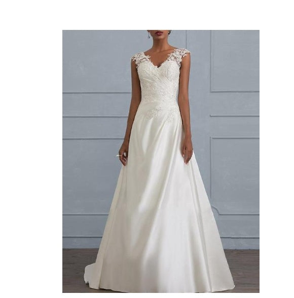 White Lace A-Line Wedding Dress - Low V-Neck Backless Bridal Gown
