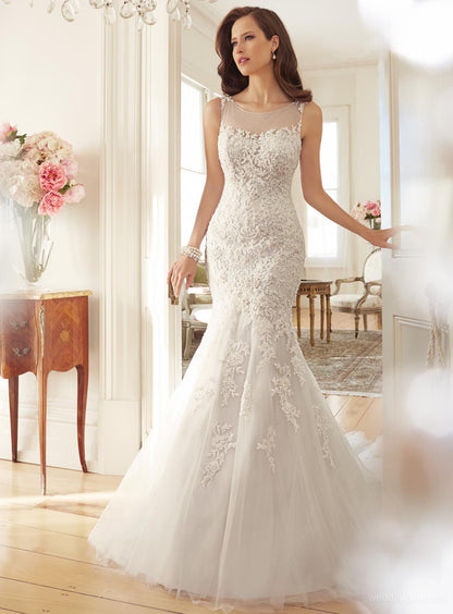 Elegant Illusion Neckline Lace Mermaid Wedding Dress with Sweep Train.