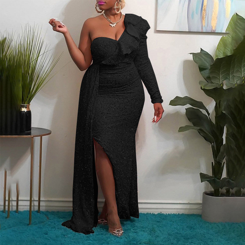 Fashion New One Shoulder Sequin Formal Bridesmaid Party Long Dress