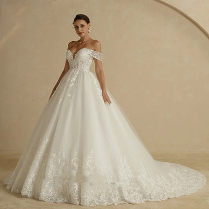 Off-the-Shoulder Lace Ballgown Wedding Dress with Court Train.