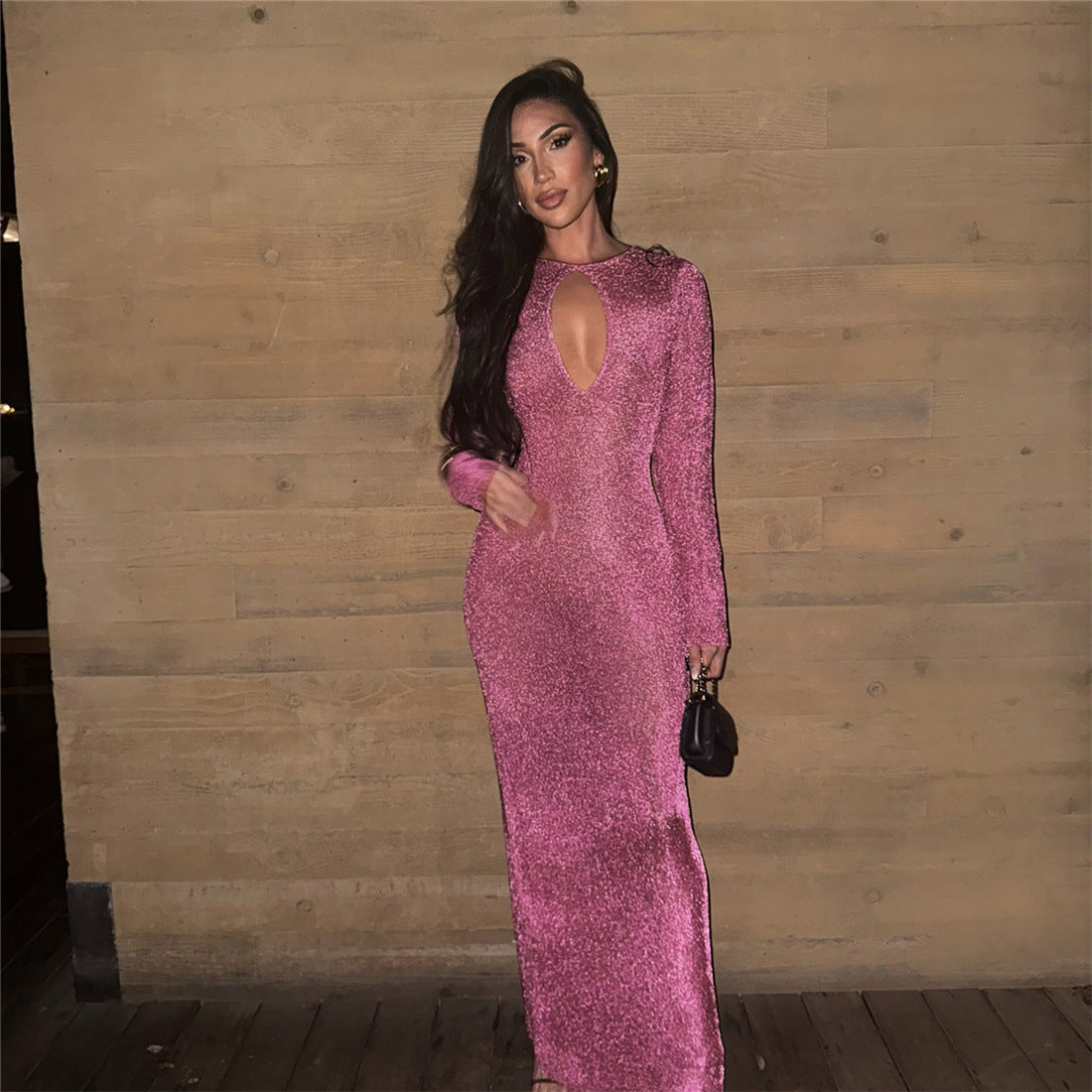 Spring Chic Commuter Gold-Stamped Sexy Hollowed-Out High-Waist Bodycon Sheath Long Dress For Women