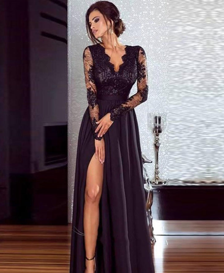 Sultry Illusions Long Sleeve Evening Dress – Lace Bodice Formal Maxi luxury bridal gown by Bridal Boutique