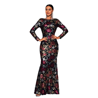 Evening Gown Long Sleeve Temperament Crew Neck Long Sequined Floral Banquet Dress