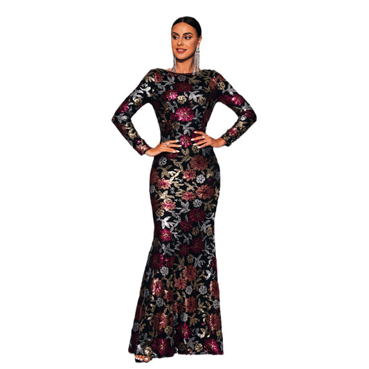 Evening Gown Long Sleeve Temperament Crew Neck Long Sequined Floral Banquet Dress