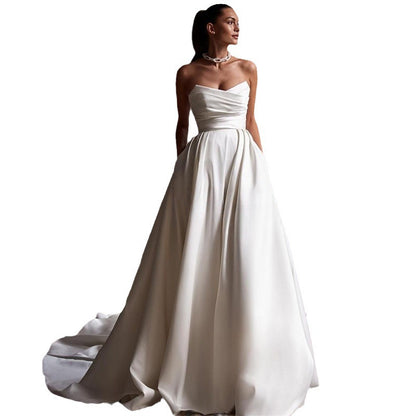 Minimalist Strapless Satin A-Line Wedding Dress with Train.
