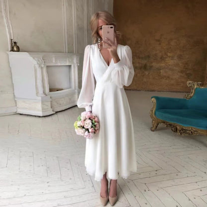 Wedding Long Sleeve Super  Simple White Evening Dress
